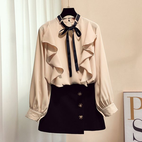 

2019 new fashion women's blouse shirt spring bow lace flounced blouse shirt, White