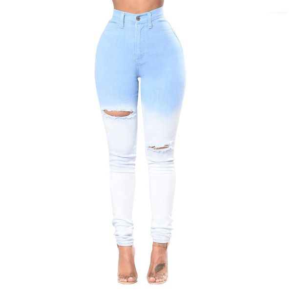 

holes skinny slim fit pencil pants women dyed jeans blue white patchwork