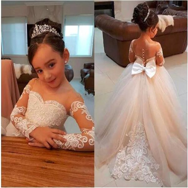 

classic flower girl dress for wedding with bow lace appliques train sheer neck long sleeves girls pageant gowns custom made, Red;yellow