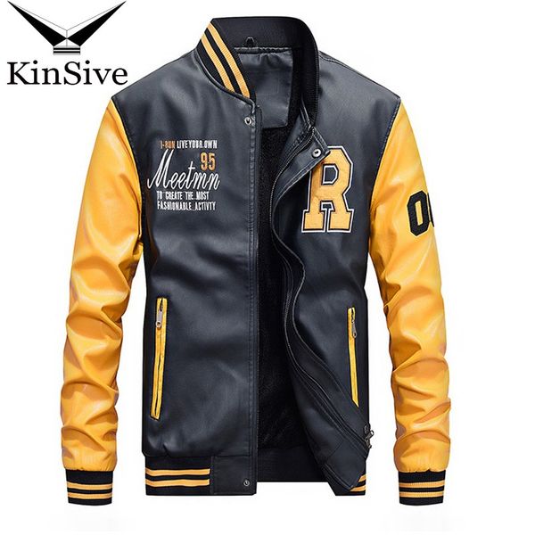 

leather jacket men casual fleece thicken faux leather coats college basebal moto biker bomber jackets jaqueta de couro masculino, Black