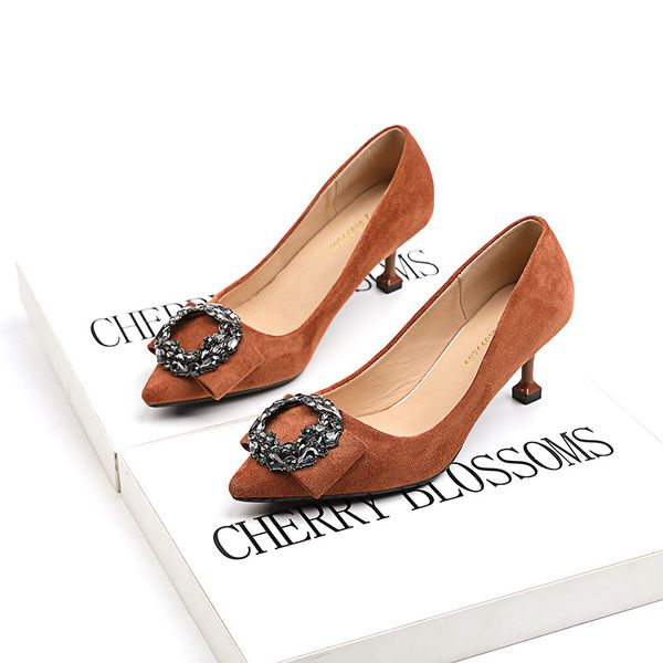 

1808-5 korean fashion point shallow mouth high heels autumn wild fine with suede round buckle rhinestone single shoes female, Black