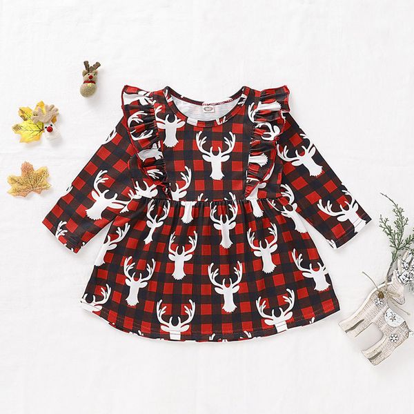 

toddler kids dresses for girls long sleeve cartoon deer christmas clothes vestidos print dress new year costume princess dress, Red;yellow