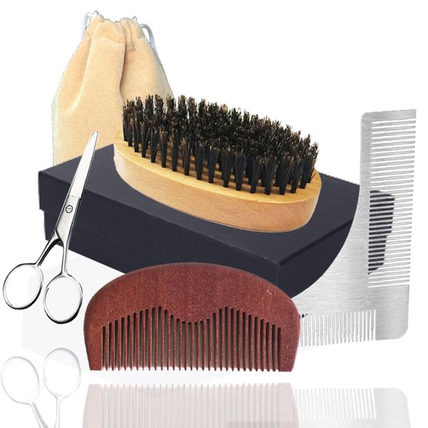 

2020 new 6in1 boar bristle beard brush, pocket wood comb, scissor & shaping temple men facial makeup beard care styling grooming trimming