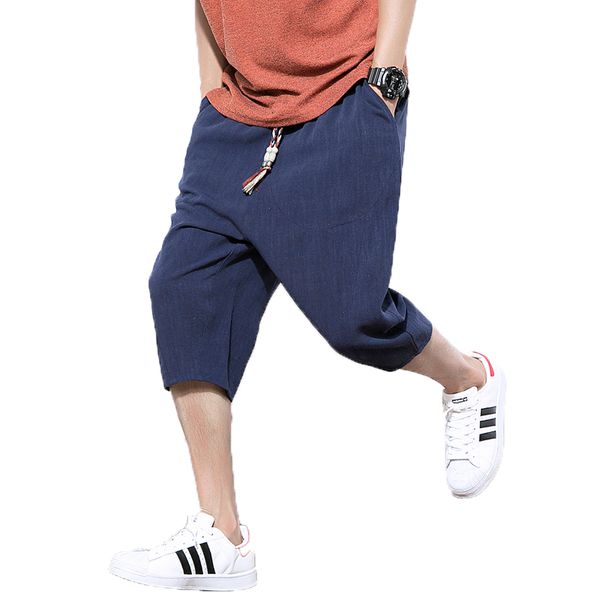 

2018 brand summer linen pants men breathable thin flax trousers joggers hip hop sweatpants male calf-length crotch harem pants, Black