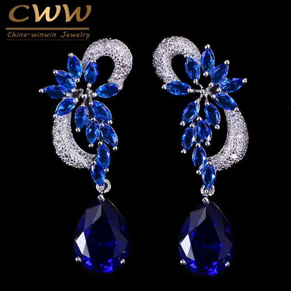 

cwwzircons brand unique design silver color luxury cubic zircon drop stones long royal blue earrings for women cz234