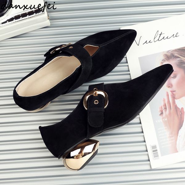 

women's genuine suede leather ball heel pumps metal buckle heels shoes v opening pointed toe daily shoes female footwear, Black;white