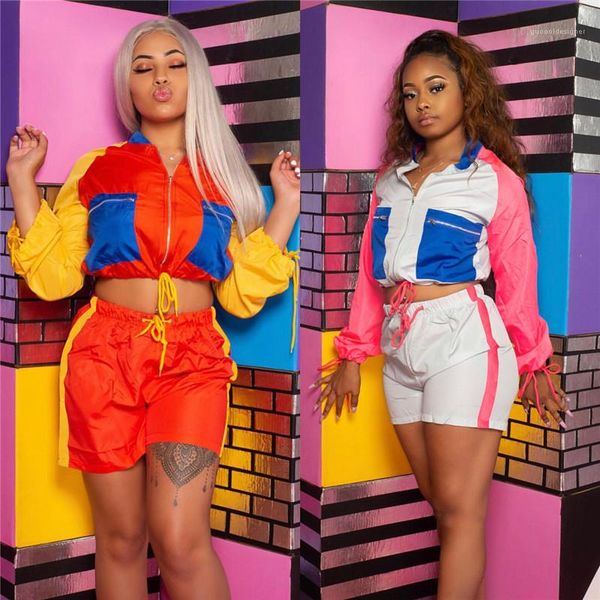 

sports suit casual drawstring short long sleeve jacket shorts set designer new clothing womens fashion colorblock, Gray