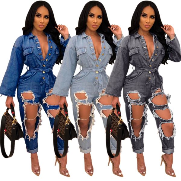 

fashionable holes ripped women jeans jumpsuits blue black long sleeves buttons v neck sash washed denim straight pants romper bodysuit