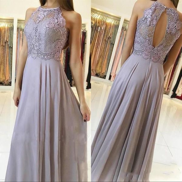 

2020 lace appliques a-line evening gowns crew backless chiffon lace bodice long formal party prom dress plus size robe dubai soiree, Black