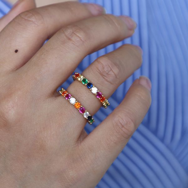 

new rainbow rings coloful cz eternity band for engagment wedding gifts gorgeous fashion women lady romantic love finger jewelry, Slivery;golden