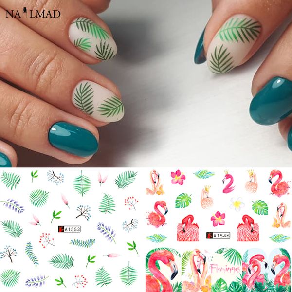

12patterns flamingo toucan nail art sticker tropical flower bird nail water decals summer leaves transfer slider decals, Black