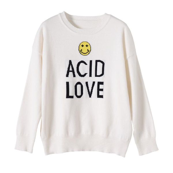 

2019 casual white o-neck autumn knitted sweaters smiling face embroidery sleeve clothes, White;black