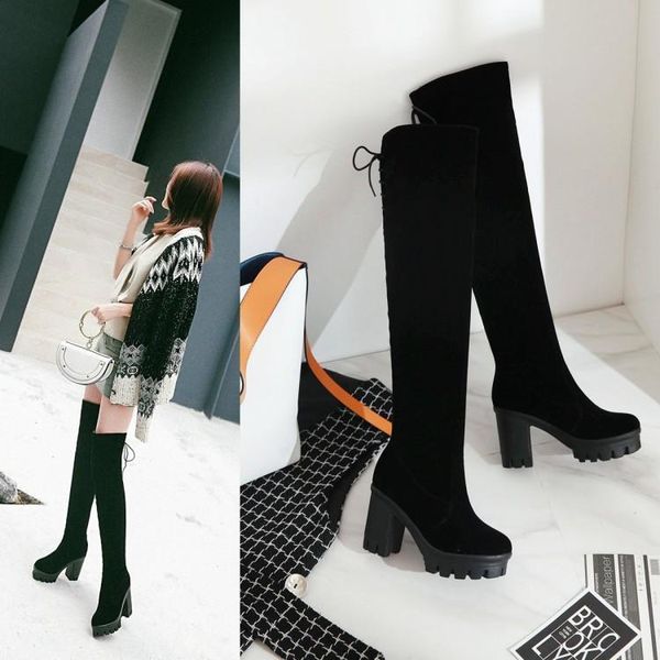 

2019 women winter boots fashion woman boots faux fur sleeve women's women shoes over-the-knee lace-up round toe size 34-43, Black