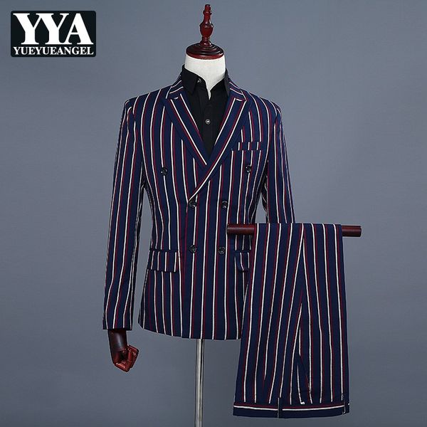 

мода slim fit костюм синий полосатый двубортный блейзер брюки 2 шт комплект свадебная вечеринка мужские деловые повседневные костюмы, White;black