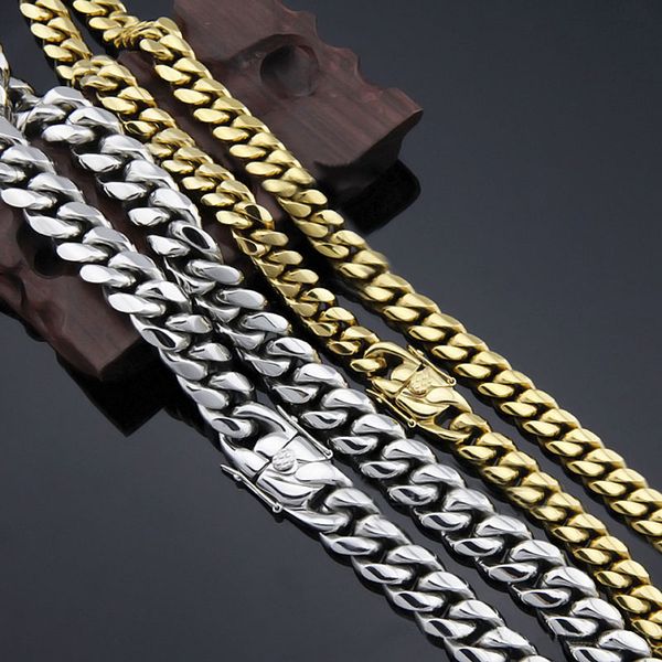 Gold Real Chilles Colar Chain Colar Colar de Aço Inoxidável Jóias Alta Polido Hip Hop Curb Link Fecho de Segurança Duplo 5/8/10/12/14/16 / 18mm