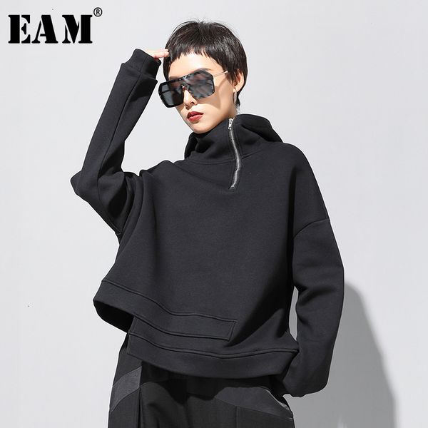 

eam] loose fit asymmetrical oversized sweatshirt new hooded long sleeve women big size fashion tide autumn winter 2020 19a-a527, Black