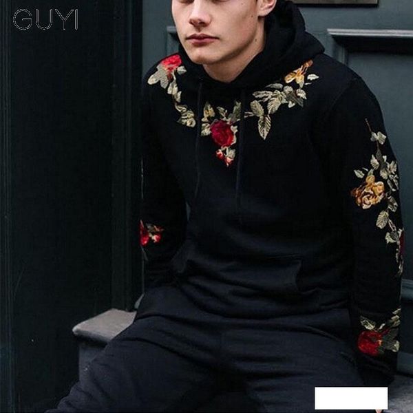 

guyi red flower embroidery casual male black hoodies sweatshirts autumn winter warm long sleeve hoodies men pullover 2019