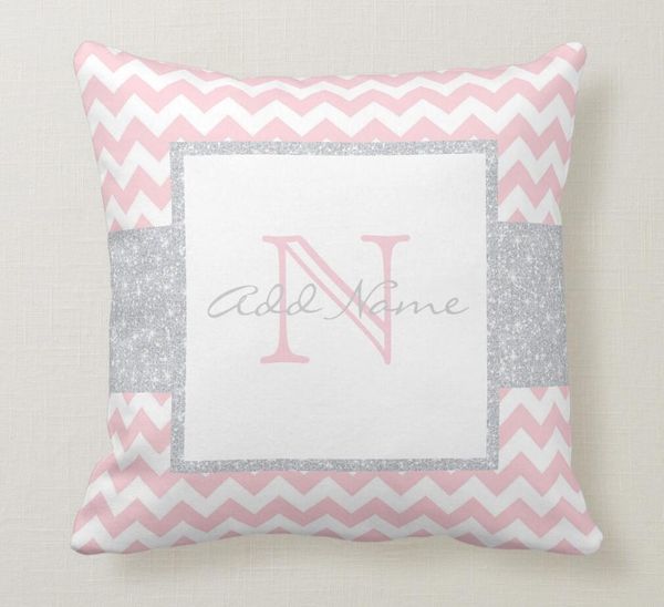 Throw Pillow Case Unique Monogram Grey Pink Chevron Baby Girl