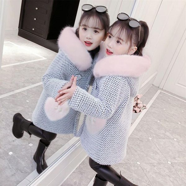 

2020 autumn winter kids girls faux mink wool outerwear children thick warm hooded cardigan coat teens girls cotton jackets w163, Blue;gray