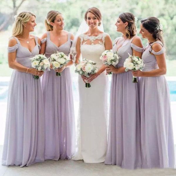 

2019 Lavender Chiffon Bridesmaid Dresses Elegant Off Shoulder Straps Ruched Party Dress A Line Country Wedding Guest Dresses Custom Made