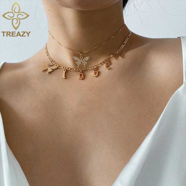 

treazy 2020 new love letter butterfly pendants necklace for women fashion clavicle chain statment choker necklace punk jewelry, Golden;silver