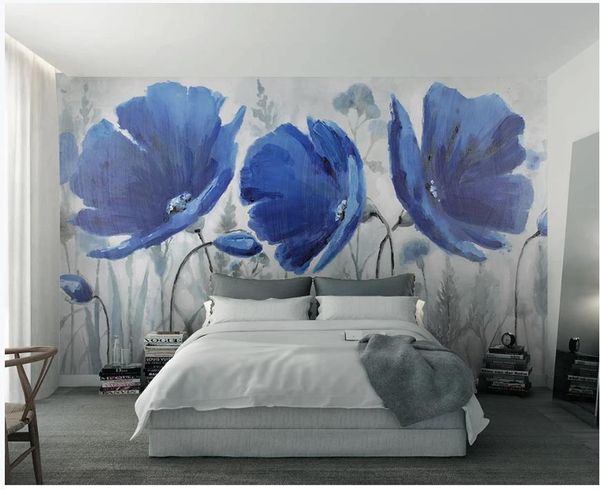 

p custom retro blue hand painted oil painting flowers living room tv backrop home decor mural wallpaper for bedroom walls 3 d