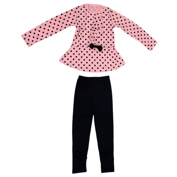 

girls clothes sets pink bow polka dot ruffle t-shirt+ slim pants 2pcs full sleeve cotton kids wear 2t(100cm, White