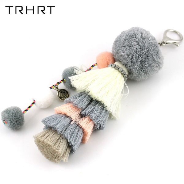 

trhrt handmade jewelry keychain pompon tassels beads strand pendant charm key chains bohemian accessories good gift for girl, Silver