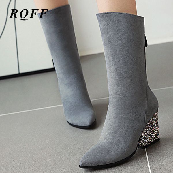 

black autumn mid-calf boots women plus size boot fashion sequined high square heels shoes woman for wine red gray solid flock 10