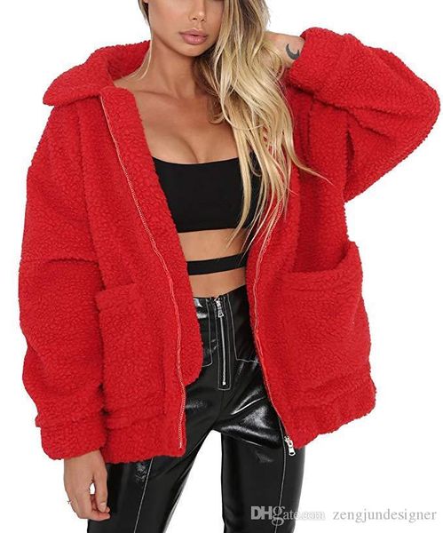 

искусственного меха женщин зимы конструктора пальто с длинным рукавом сплошной цвет отворотом шеи zipper женщины верхняя одежда теплый стиль, Black