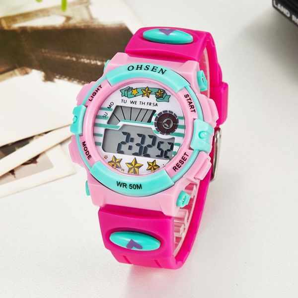 

sale 2016 ohsen brand digital quartz wrist watch kids girls 50m waterproof pink silicone strap lcd back light alarm clock, Blue