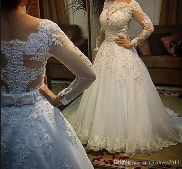 

горячая 2019 новое прибытие свадебные платья с длинным рукавом sheer тюль кнопка назад платья невесты жемчуг свадебные платья vestido де noi, White