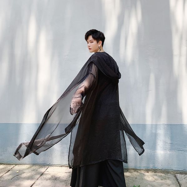 

male women streetwear punk gothic cardigan outerwear men summer long style hooded trench coat thin mesh sunscreen shirt jacket, Tan;black