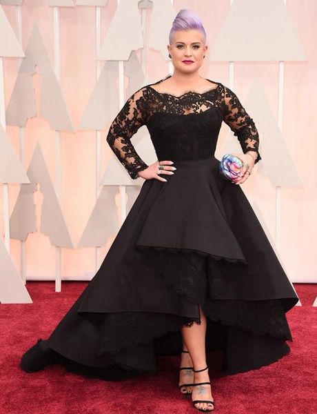 

oscar kelly osbourne celebrity dresses long sleeved lace scallop black high low red carpet sheer evening dresses prom ball gowns