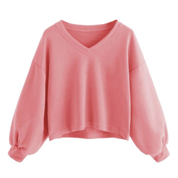 

autumn women crop sweatshirts solid casual cropped coat lantern sleeve sweatshirt pullover sudadera mujer 2019 winter, Black