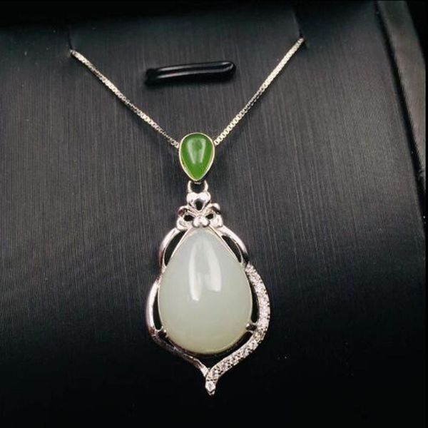 

925 sterling silver hetian white jade water drop lucky pendant + chain necklace charm fine jewelry charm gift