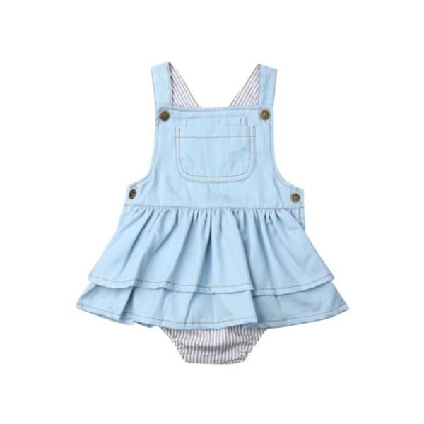 

new toddler kids baby romper girls summer sleeveless solid ruffles suspender denim fashion jumpsuit bodysuit, Blue