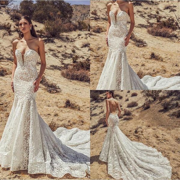 

calla blanche 2019 mermaid wedding dresses strapless lace applique bridal gowns backless sweep train plus size wedding dress robe de mariÃ©e, White