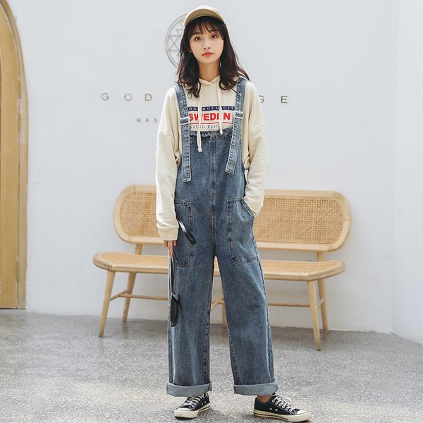 

pengpious soft denim suspenders female loose new long jumpsuit with pockets, Blue