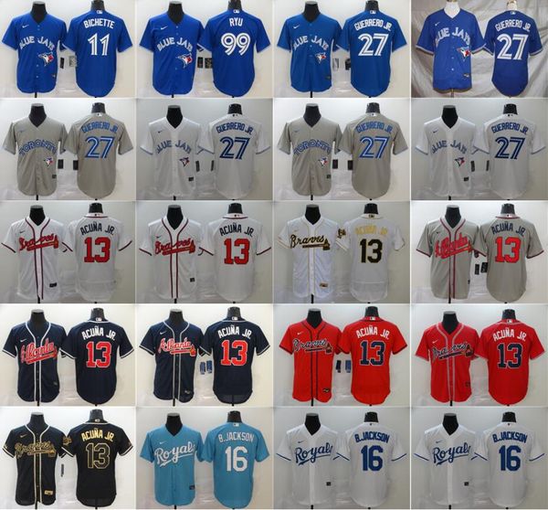 

new men 2020 baseball 13 ronald acuna jr. jersey 16 bo jackson 27 vladimir guerrero jr. 99 hyun-jin ryu 11 bo bichette home, Blue;black