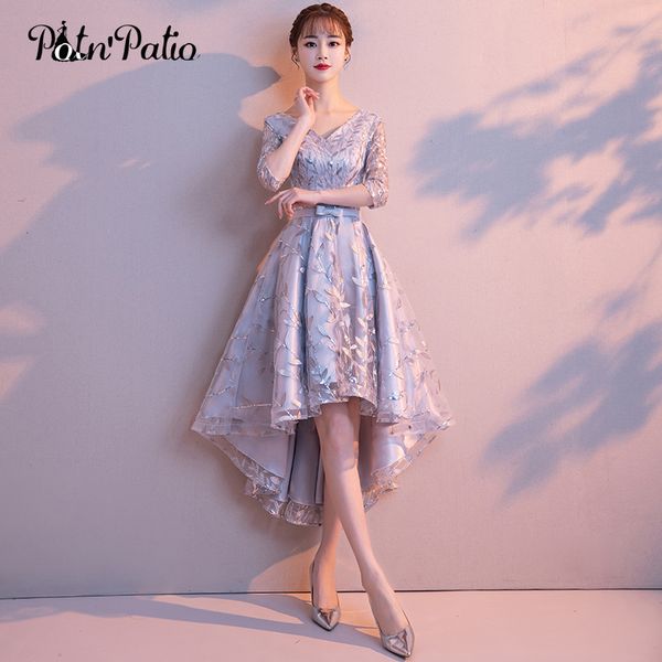 

short front long back silver gray lace evening dresses 2018 v-neck leaves sequined high low mother of the bride dresses, White;black