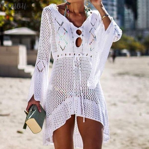 

2020 knitting lace up dress for women long sleeve casual dress beach wear mesh mini dress summer tunic robe, Black;gray
