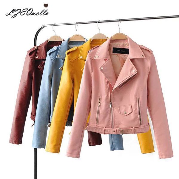 

pu leather jacket women fashion bright colors black motorcycle coat short faux leather biker jackets soft outfits female, Black;brown