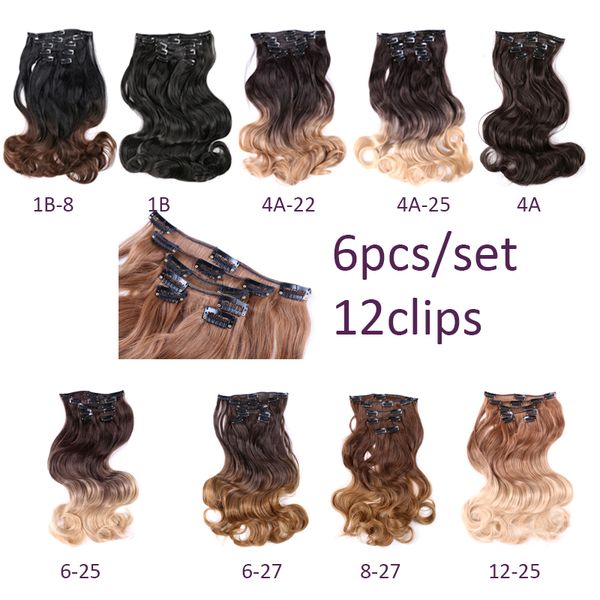 

12 clips in synthetic hair extension body wave 17" hair extension clip for women synthetic hair extensions brown ombre color, Black