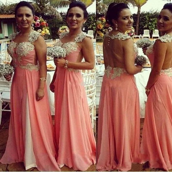 

2019 coral chiffon long slit bridesmaid dresses ivory lace applique beaded pearls scoop neck illusion back maid of honor gown, White;pink