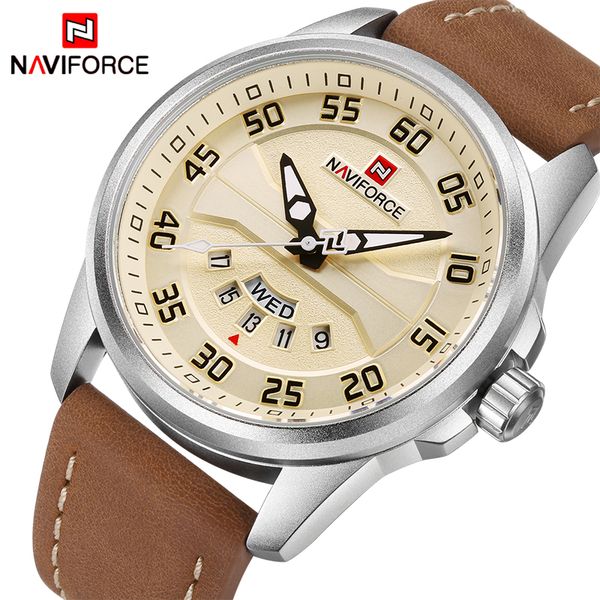 

naviforce brand men sports watches men's quartz date clock man leather strap waterproof wrist watch relogio masculino, Slivery;brown