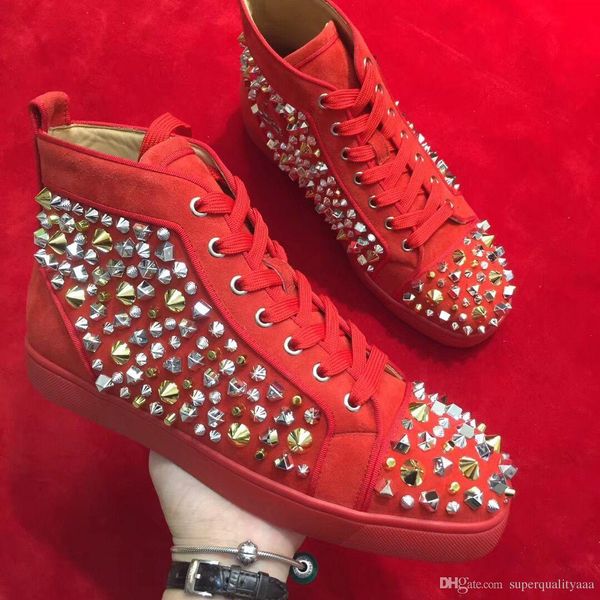 

[С коробкой] Имя Бренды Loubitag Замшевые кожаные микс-шпильки Высокого верха с красной подошвой Модные кроссовки для мужчин Женщин Повседневная прогулка Вечернее платье Wed