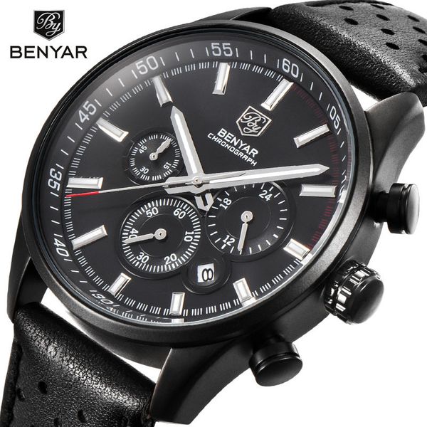 

benyar 5108 men watch brand luxury business leather wrist watch 24 hour date clock waterproof quartz watches relogio masculino, Slivery;brown