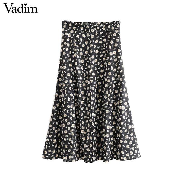 

vadim women floral print midi skirt bow tie belt side zipper split vintage female casual beach wear skirts mujer ba736, Black