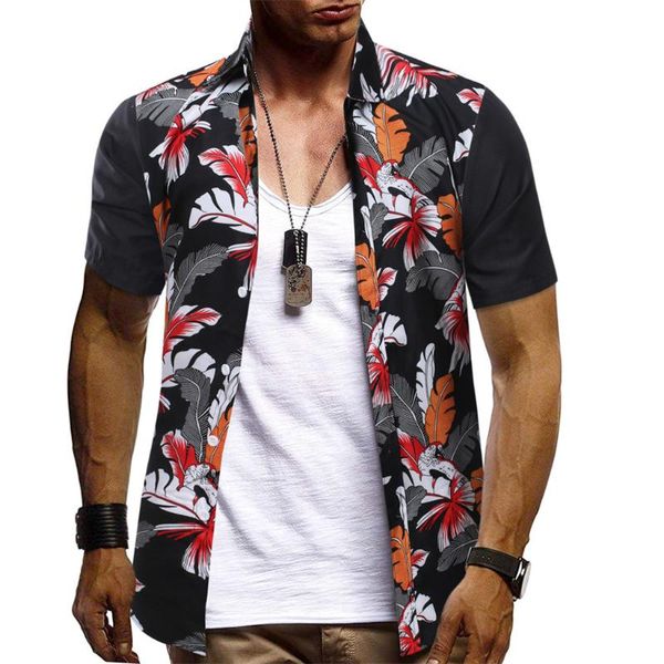 

casual mens shirts hawaiian loose short sleeve shirts for men tropical print patchwork button blouse camisa hawaiana hombre, White;black